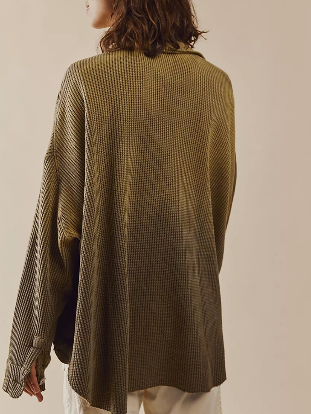 Free People One Scout Dip Dye Jacket Oversized Waffle Knit Cotton Olive Size L - Picture 2 of 11